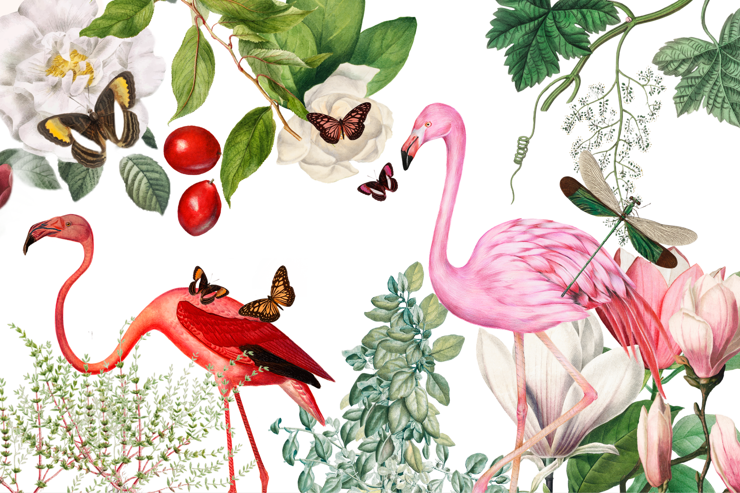 Tropical vintage pink flamingo, pink hibiscus, palm leaves floral wall  mural • murals bird, banana, nature | myloview.com